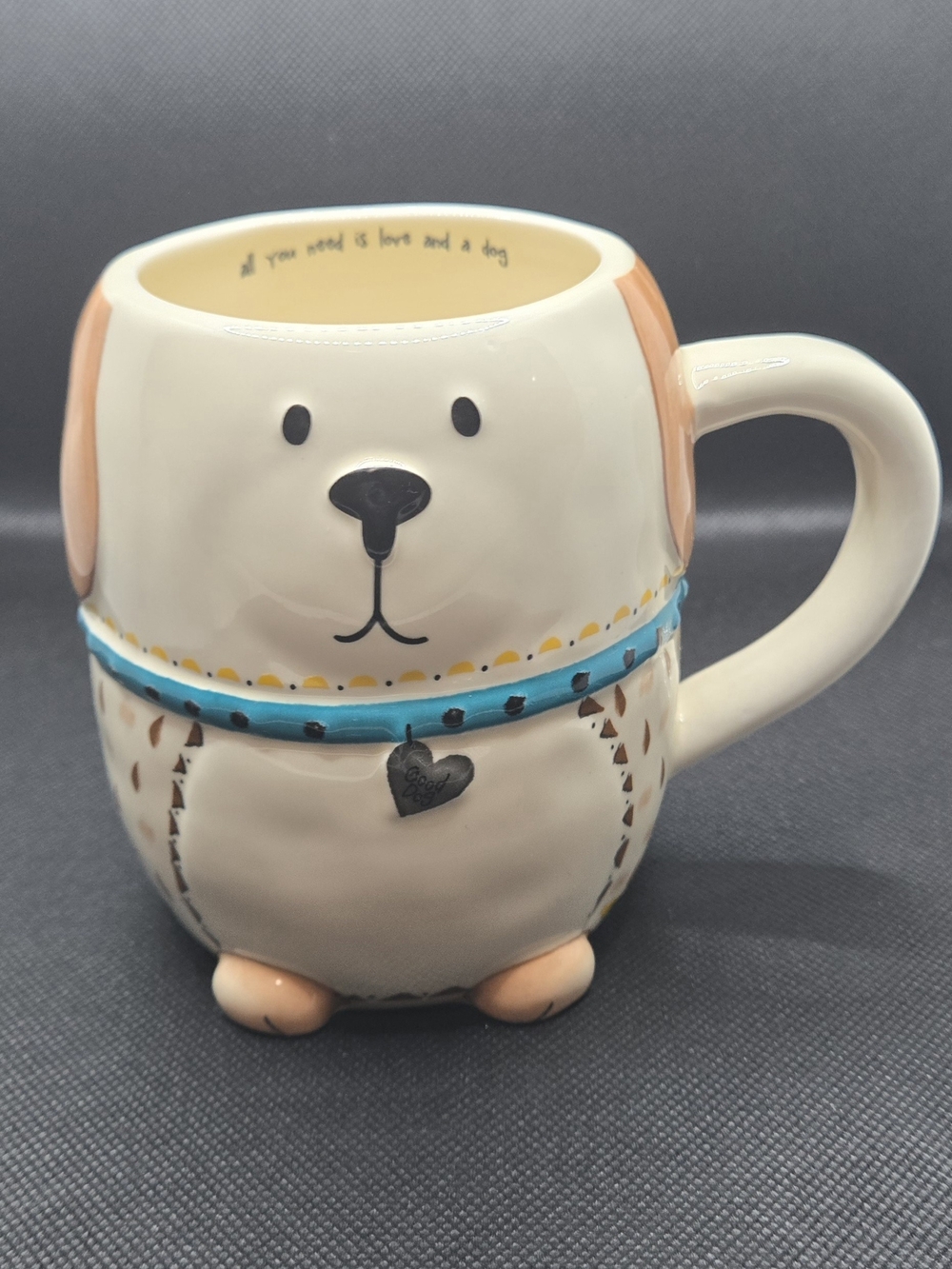 NATURAL LIFE Cream Dog Face Ceramic Mug with Blue Collar Accent
